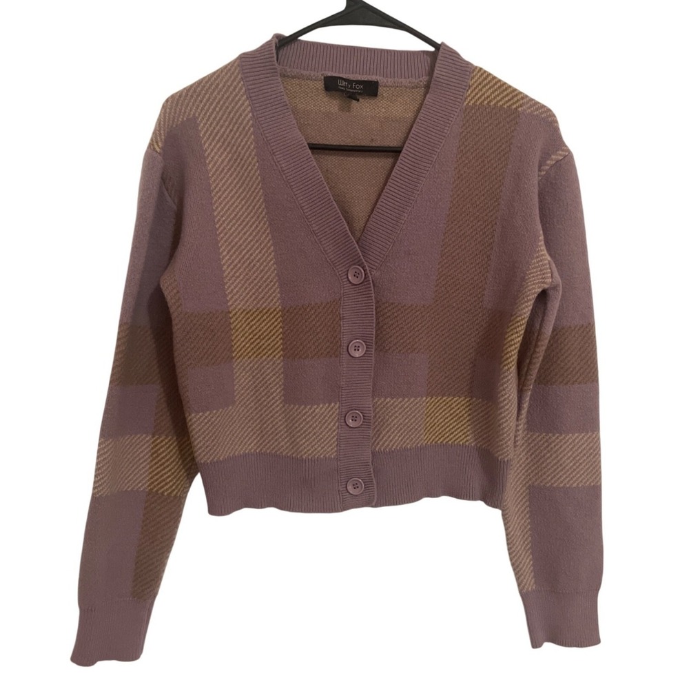 Womens Y2K Plaid Geometric Cardigan Cropped V-Neck Mauve Purple Medium